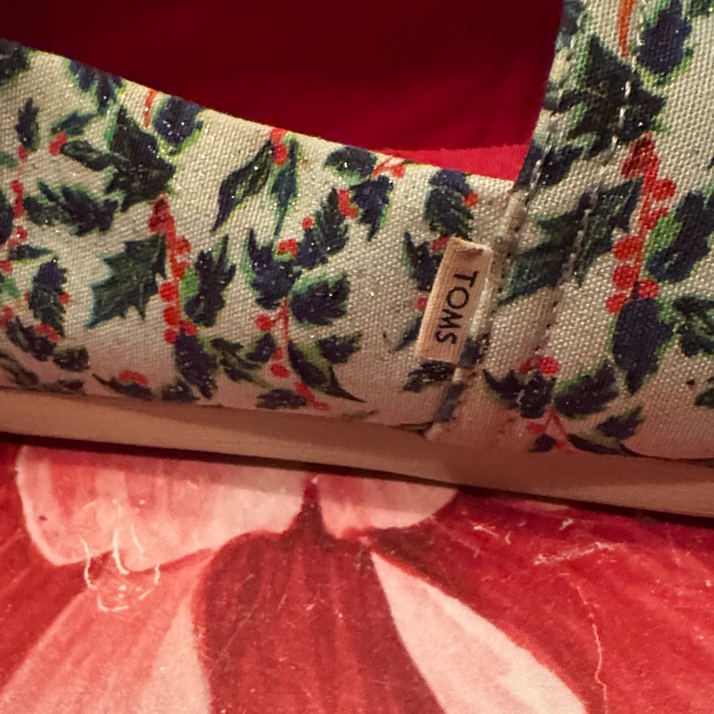 TOMS Women's Floral Print Flats - Red and Green Mint Holly Jolly pre Qwen - Picture 2 of 9